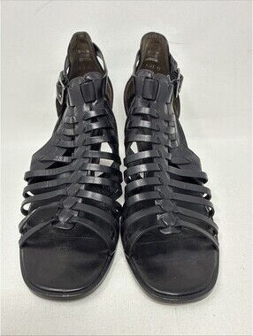Paul Green Christy Black Leather Gladiator Sandals Stacked Heel Size 5.5 US